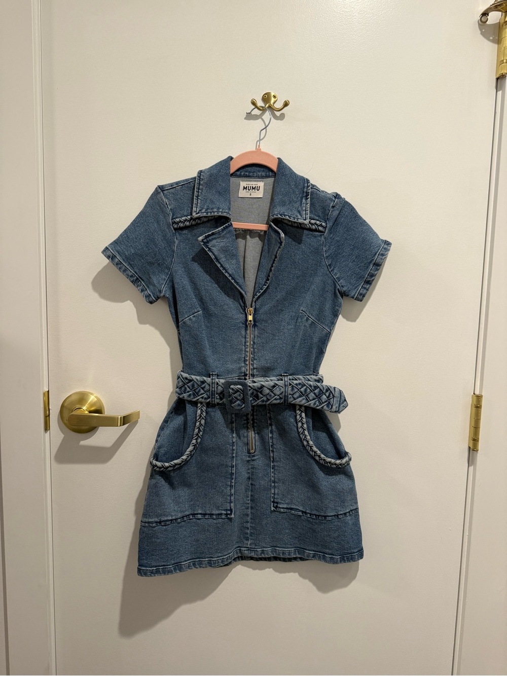 Show Me Your MuMu Blue Short-Sleeve Denim Zip Front Dress Jacket